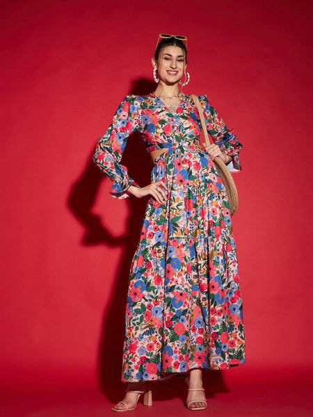 Women Blue Floral Printed Cut Out Crepe Maxi Dress VitansEthnics