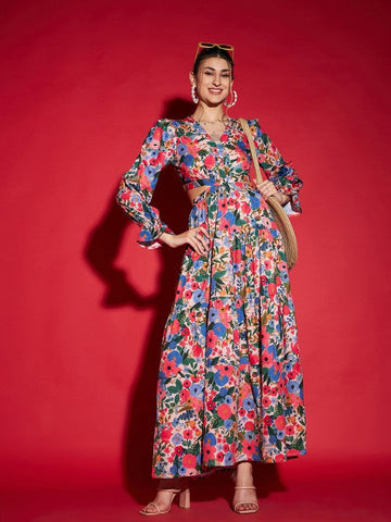 Women Blue Floral Printed Cut Out Crepe Maxi Dress VitansEthnics