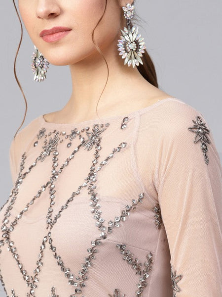 Women Beige Net Embellished Detail Maxi Dress VitansEthnics