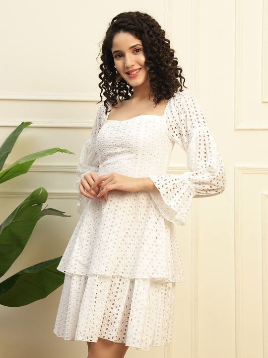 Women Indo Western Embroidered Puff Sleeve Fit & Flare Dress XXL / White Women Indo Western Embroidered Puff Sleeve Fit & Flare Dress XXL / White