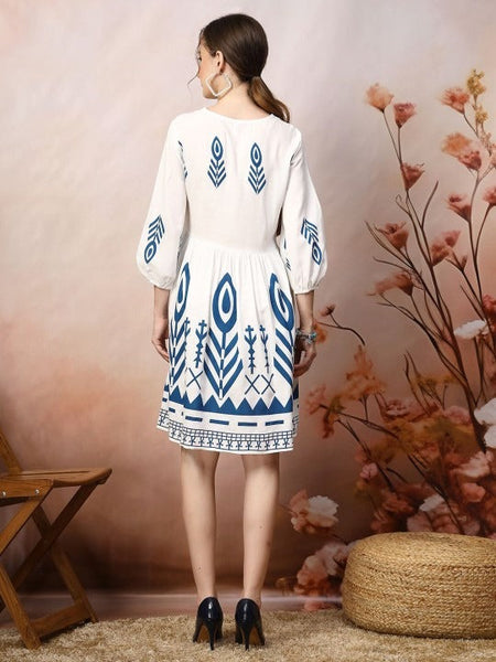 Women Bohemian Print Puff Sleeve Fit & Flare Dress VitansEthnics
