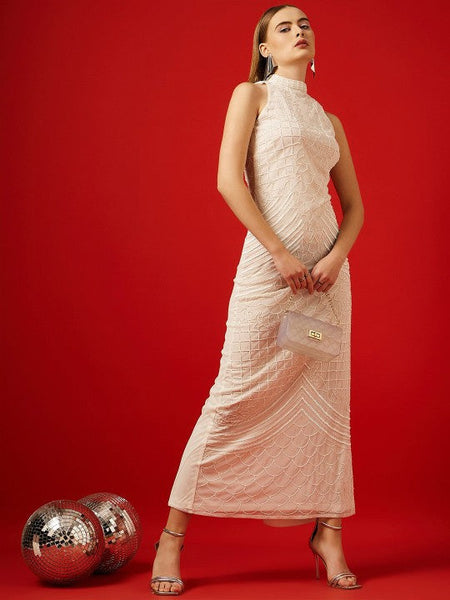 Women White Halter Neck Embellished Net Maxi Dress VitansEthnics