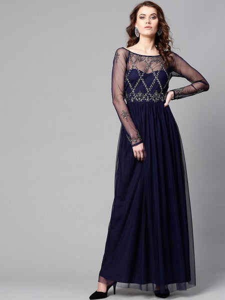 Women Navy Blue Net Embellished Detail Maxi Dress VitansEthnics