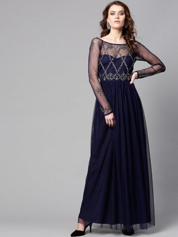 Women Navy Blue Net Embellished Detail Maxi Dress VitansEthnics