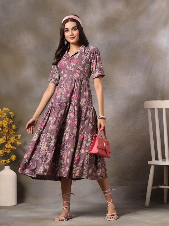 Women Purple Floral Printed Fit & Flare Maxi Tiered Dress VitansEthnics