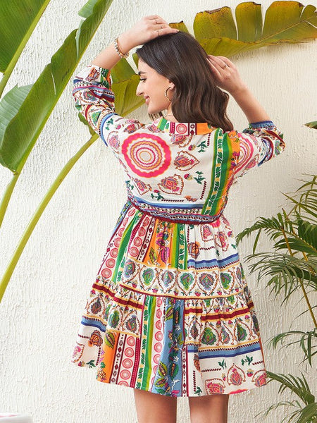 Women Ethnic Motif Printed Pure Cotton Fit and Flare Dress VitansEthnics