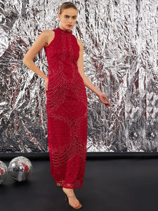 Women Red Embellished Net Halter Neck Sheath Dress VitansEthnics