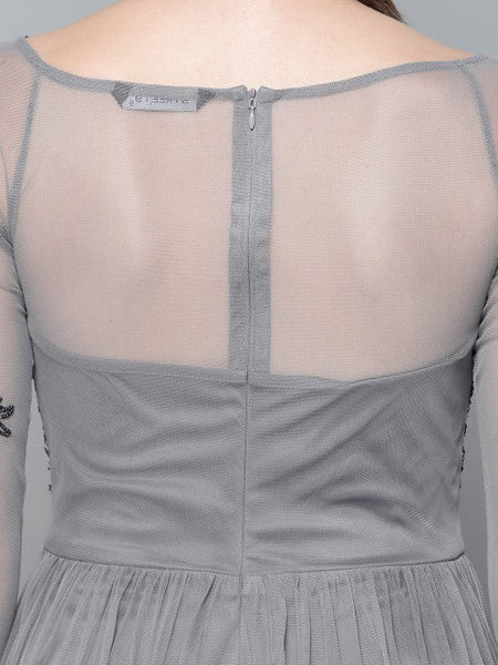 Women Grey Net Embellished Detail Maxi Dress VitansEthnics