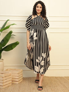 Women Indo Western Striped Halter Neck Bell Sleeve Empire Maxi Dress VitansEthnics