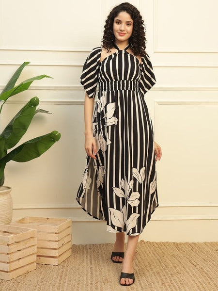 Women Indo Western Striped Halter Neck Bell Sleeve Empire Maxi Dress VitansEthnics