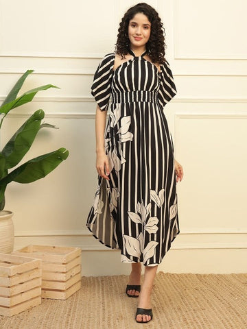 Women Indo Western Striped Halter Neck Bell Sleeve Empire Maxi Dress VitansEthnics