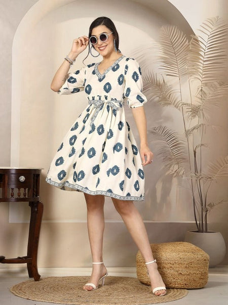 Women's Bohemian Print Puff Sleeve Fit & Flare Dress VitansEthnics