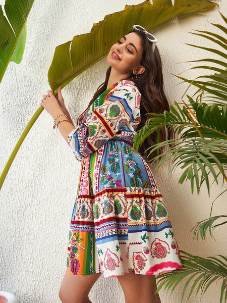 Women Ethnic Motif Printed Pure Cotton Fit and Flare Dress VitansEthnics