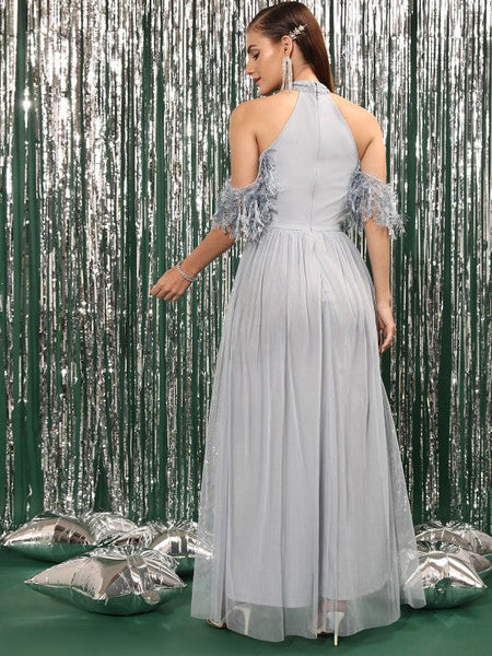 Women Cold-Shoulder Straps Embelleished Net Maxi Dress VitansEthnics