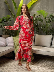 Women Floral Print Georgette Maxi Dress VitansEthnics