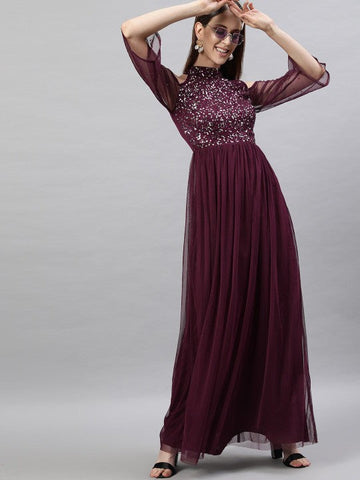 Women Burgundy Halter Neck Embellished Net Maxi Dress VitansEthnics
