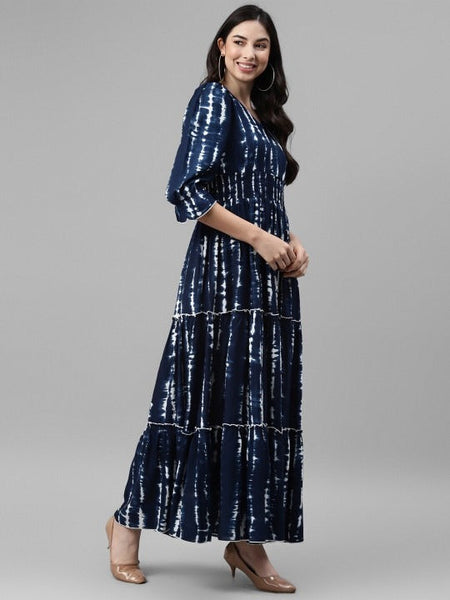 Women Navy Blue Ethnic Motifs Print Maxi Dress VitansEthnics