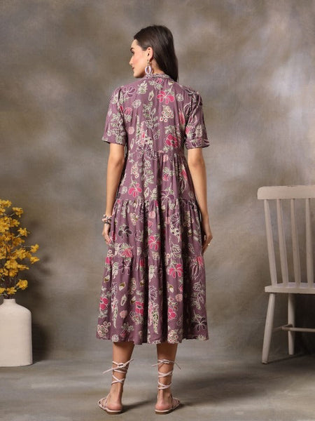 Women Purple Floral Printed Fit & Flare Maxi Tiered Dress VitansEthnics