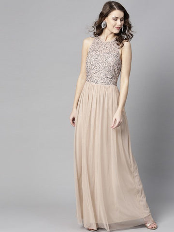 Women Peach-Coloured Embellished Maxi Dress VitansEthnics