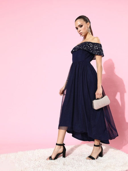Women Women Deep Navy Blue Solid Net Cold Shoulder Maxi Dress VitansEthnics