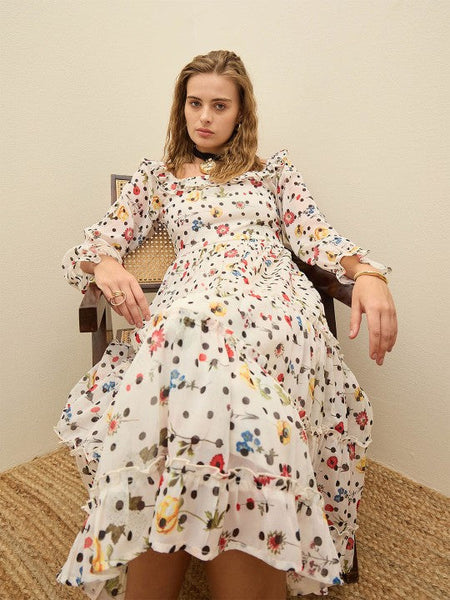 Women Floral Print Puff Sleeve Georgette Fit & Flare Layered Midi Dress VitansEthnics
