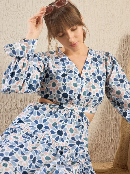 Women Teal Blue Floral Printed V Neck Cut Out Tiered Maxi Dress VitansEthnics