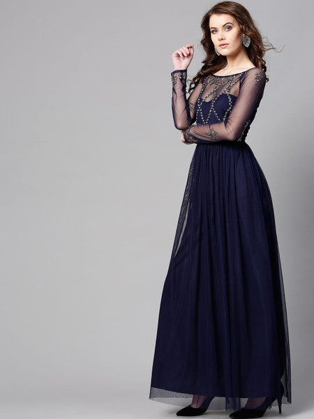 Women Navy Blue Net Embellished Detail Maxi Dress VitansEthnics