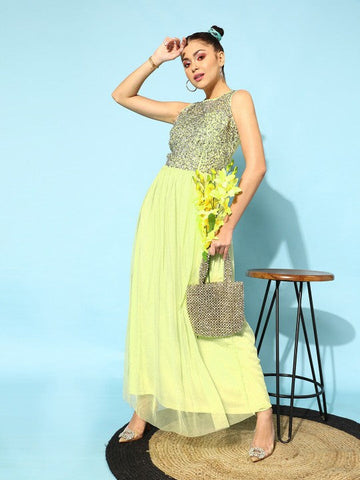 Women Lime Green-Coloured Embellished Maxi Dress VitansEthnics