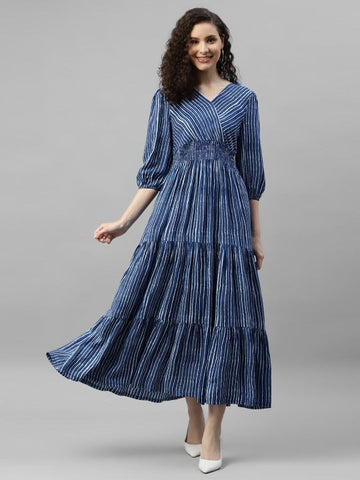 Women Striped V-Neck Puff Sleeve Smocked Tiered Maxi Dress VitansEthnics