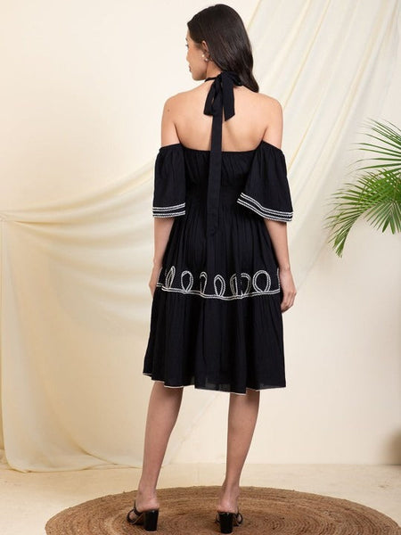 Women Indo Western Halter Neck Bell Sleeve Fit & Flare Midi Dress VitansEthnics