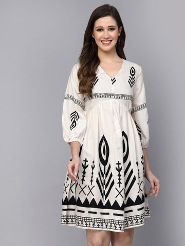 Women Cream-Coloured & Black Bohemian Print Puff Sleeves Fit & Flare Dress VitansEthnics