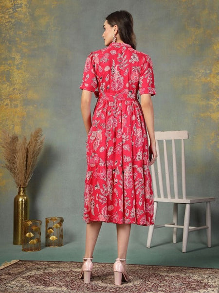 Women Red Tropical Print Fit & Flare Maxi Dress VitansEthnics