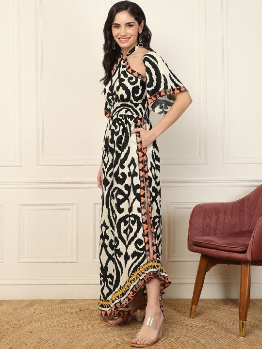Women Printed Halter Neck Bell Sleeve Fit & Flare Maxi Dress XXL / Black