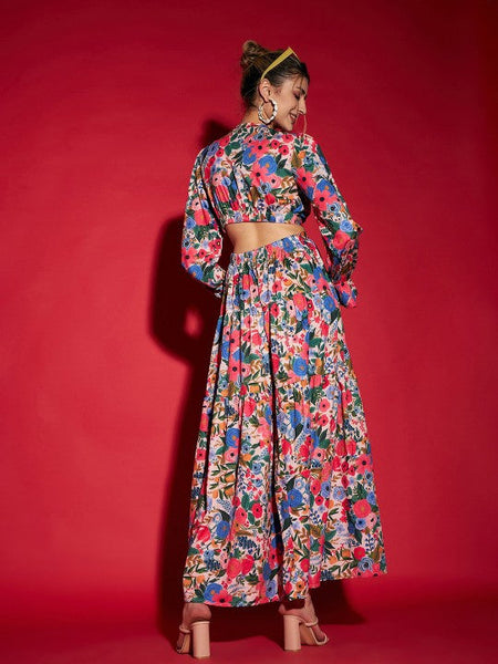 Women Blue Floral Printed Cut Out Crepe Maxi Dress VitansEthnics