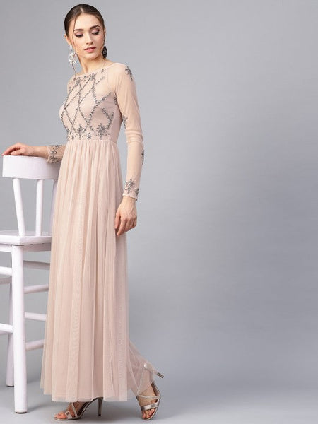 Women Beige Net Embellished Detail Maxi Dress VitansEthnics