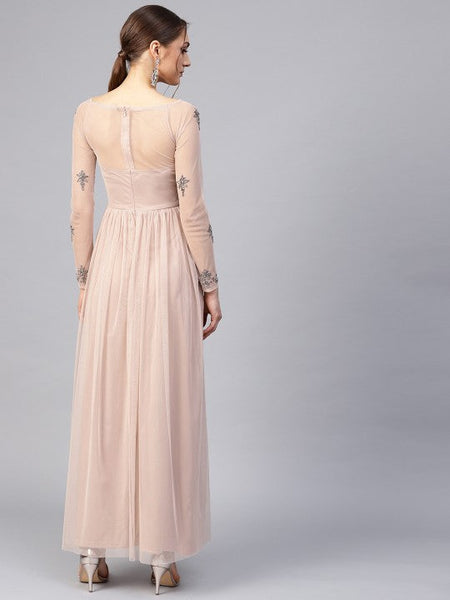 Women Beige Net Embellished Detail Maxi Dress VitansEthnics