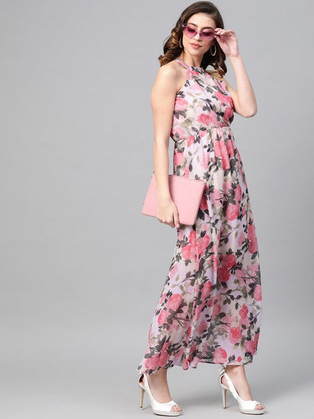 Women Cream-Coloured & Pink Floral Printed Maxi Dress VitansEthnics