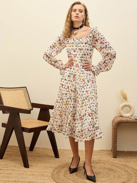 Women Floral Print Puff Sleeve Georgette Fit & Flare Layered Midi Dress VitansEthnics