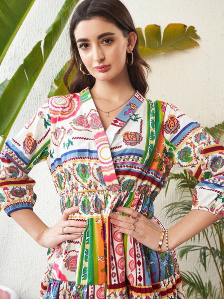 Women Ethnic Motif Printed Pure Cotton Fit and Flare Dress VitansEthnics