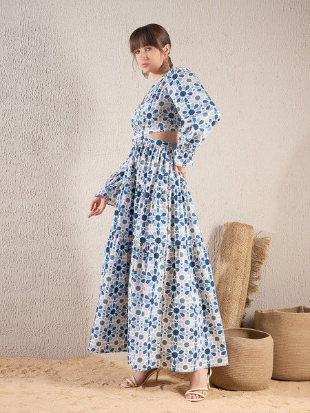 Women Teal Blue Floral Printed V Neck Cut Out Tiered Maxi Dress VitansEthnics
