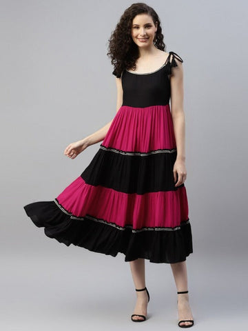 Women Indo Western Colourblocked A-Line Midi Dress VitansEthnics