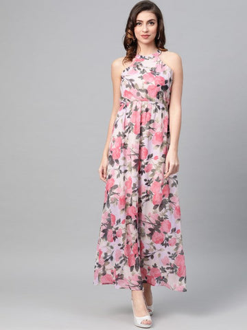 Women Cream-Coloured & Pink Floral Printed Maxi Dress VitansEthnics