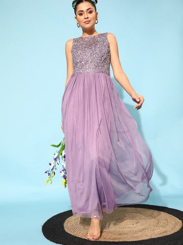 Women Lavender-Coloured Embellished Maxi Dress VitansEthnics