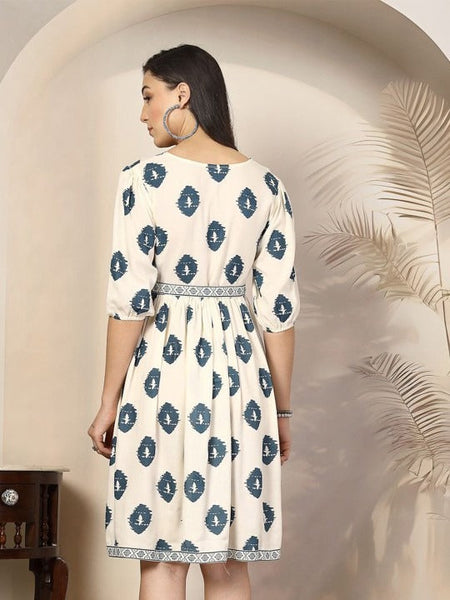 Women's Bohemian Print Puff Sleeve Fit & Flare Dress VitansEthnics