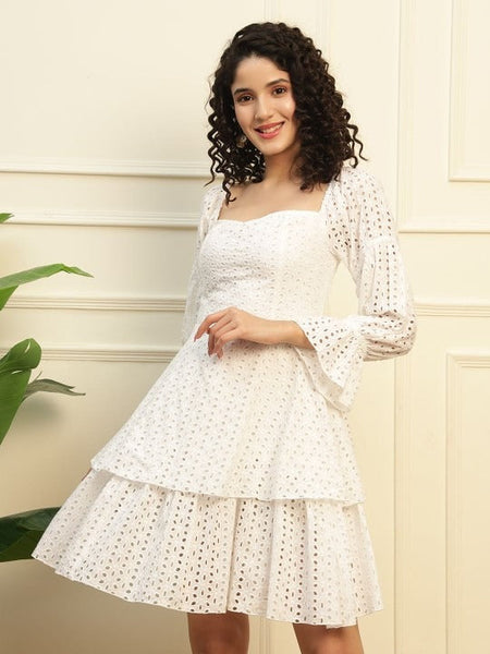 Women Indo Western Embroidered Puff Sleeve Fit & Flare Dress VitansEthnics