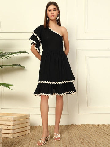Women Indo Western One Shoulder Bell Sleeve Fit & Flare Dress VitansEthnics