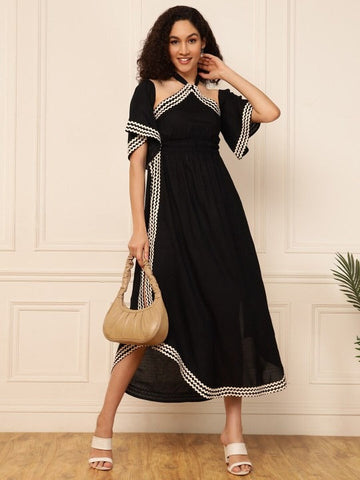 Women Indo Western Off-Shoulder Bell Sleeve Flared A-Line Maxi Dress VitansEthnics
