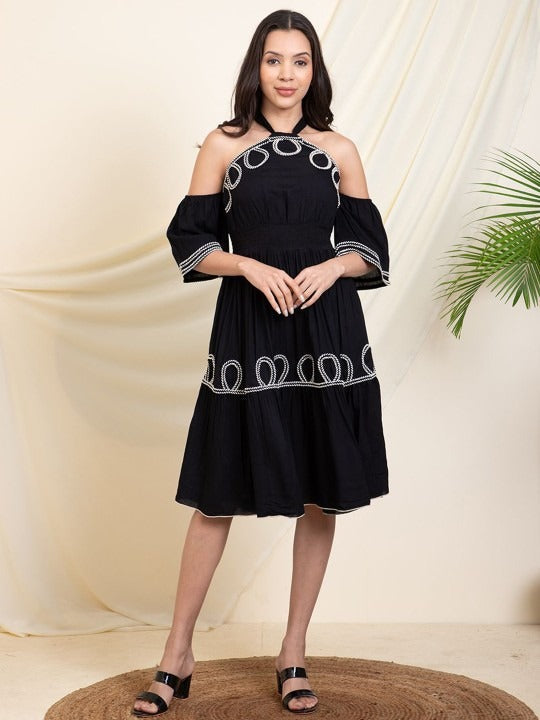 Women Indo Western Halter Neck Bell Sleeve Fit & Flare Midi Dress VitansEthnics