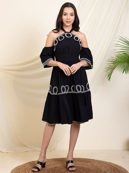 Women Indo Western Halter Neck Bell Sleeve Fit & Flare Midi Dress VitansEthnics