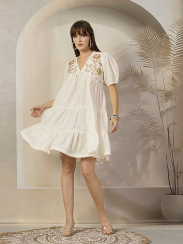 Women Embroidered Puff Sleeve A-Line Dress VitansEthnics